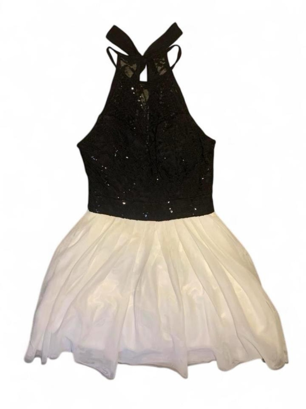 B Darlin Black Sequin Halter Top with White Skirt Kids Dress